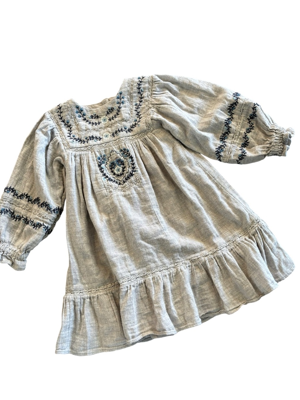 Zara Cream Tunic Boho Dress with Blue Embroidery